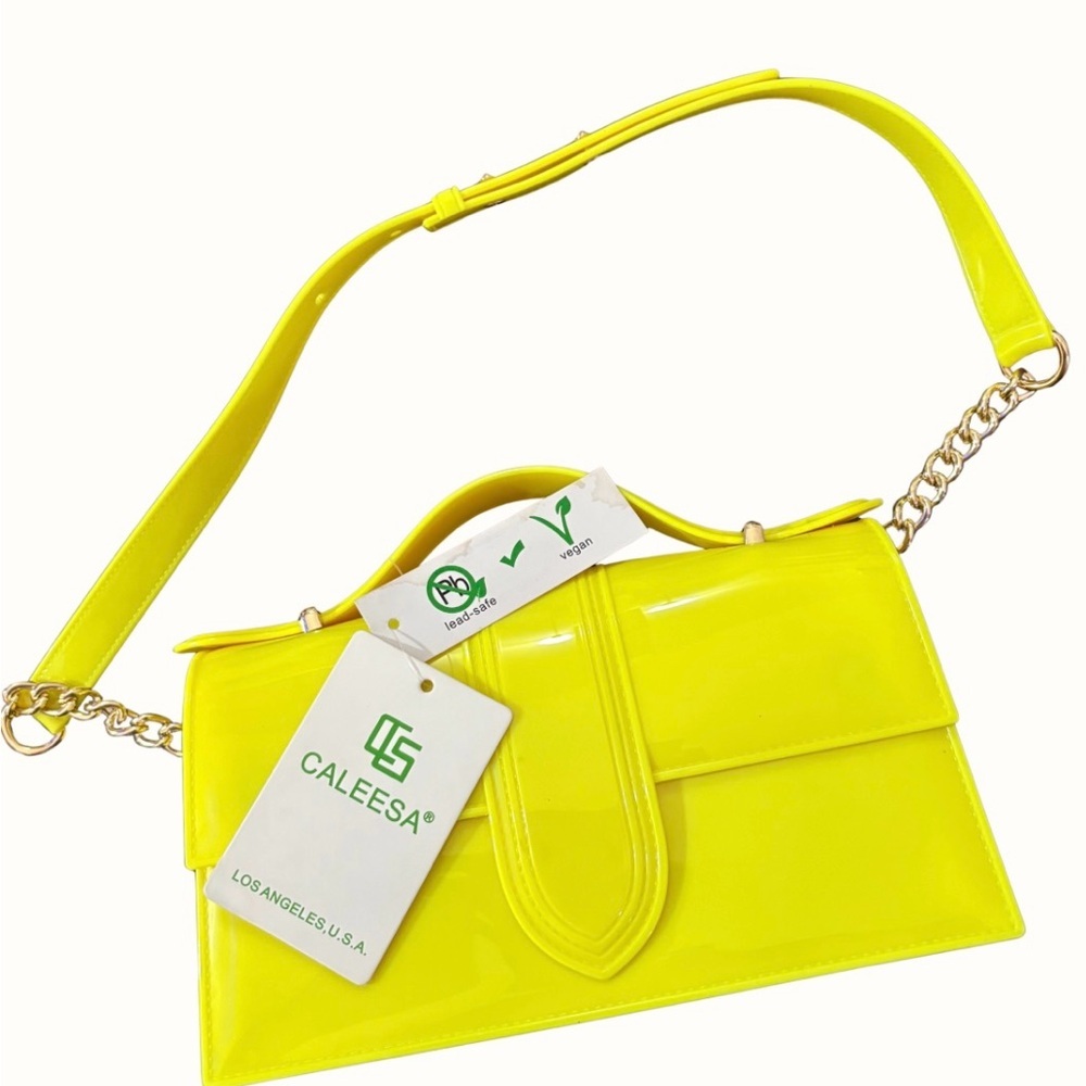 Caleesa Fluorescent Yellow Patent Handbag Purse Vegan Chain Strap NWT